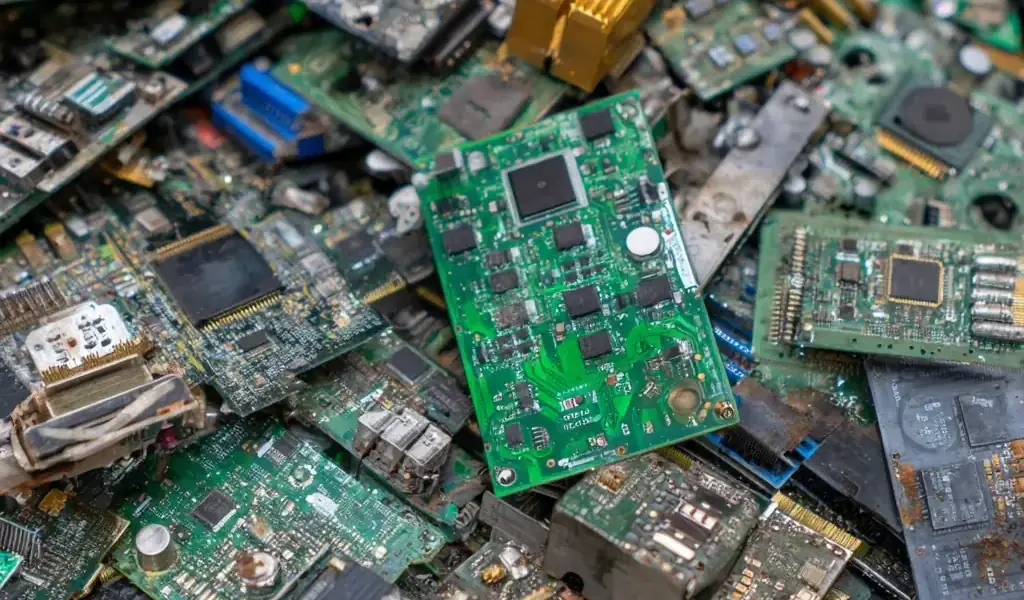 Pallet of end-of-life circuit boards and electronic components awaiting recycling